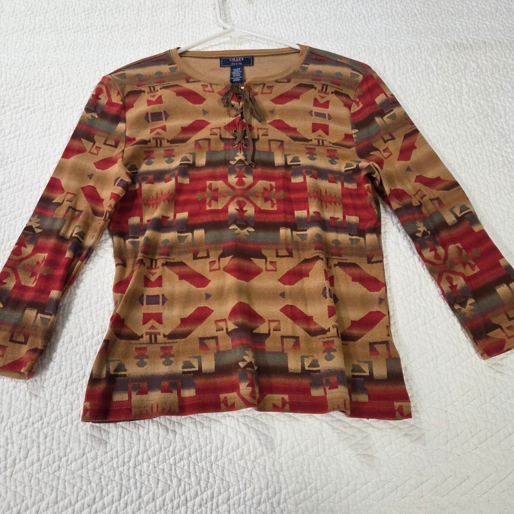 Chaps Petite Large Southwestern Aztec Lace Up Cotton Long Sleeve Top Brown Red